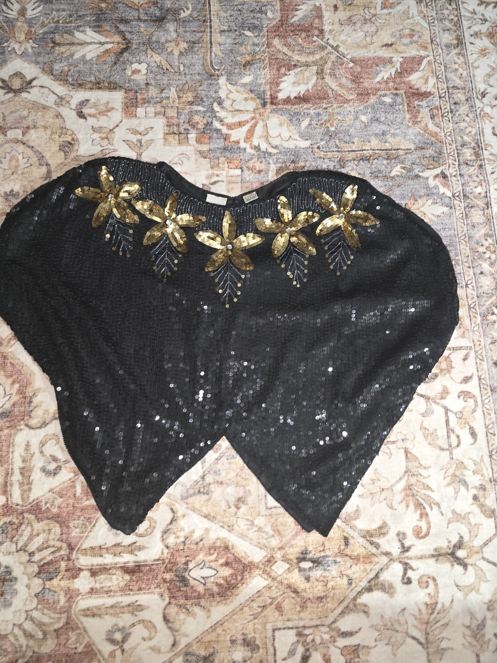 Vintage Black Sequin Silk Capelet with Gold Floral Embellishment